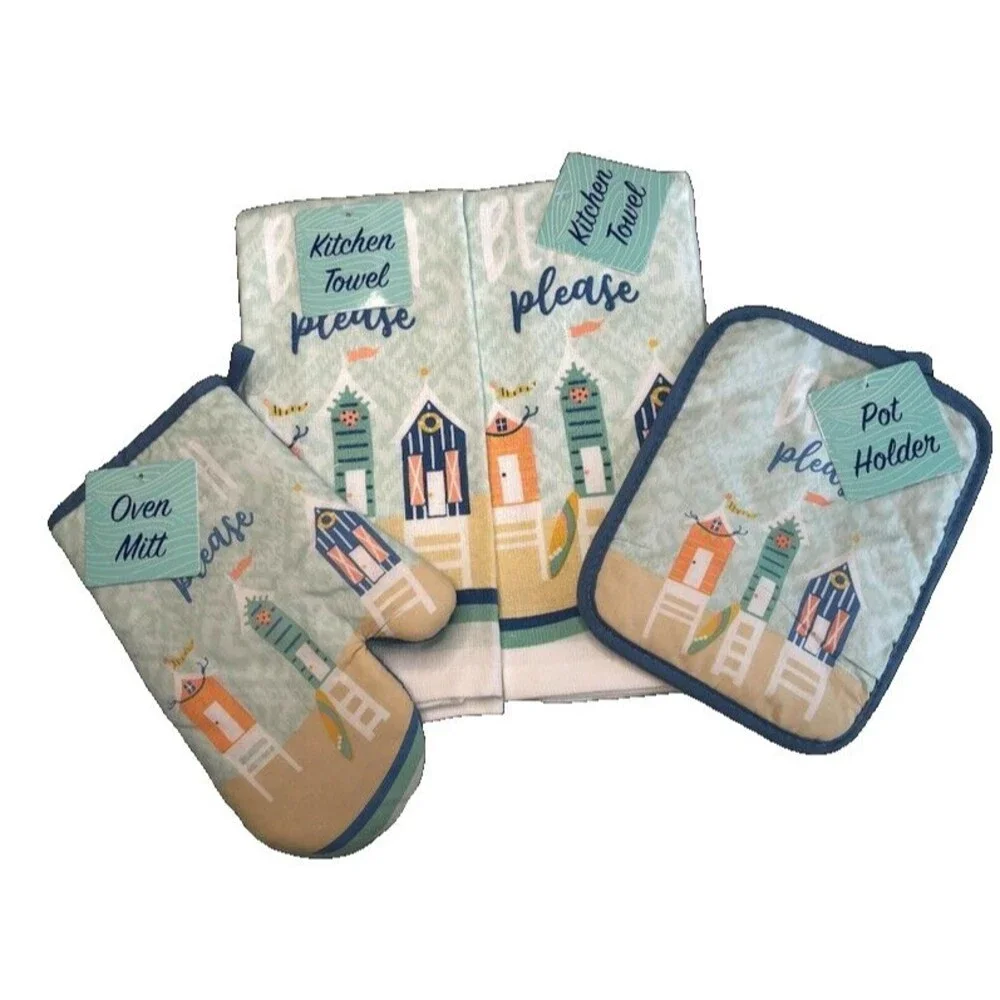Beach Please Kitchen Towels Oven Mitt Potholder Set of 4 Cabana Summer Coastal